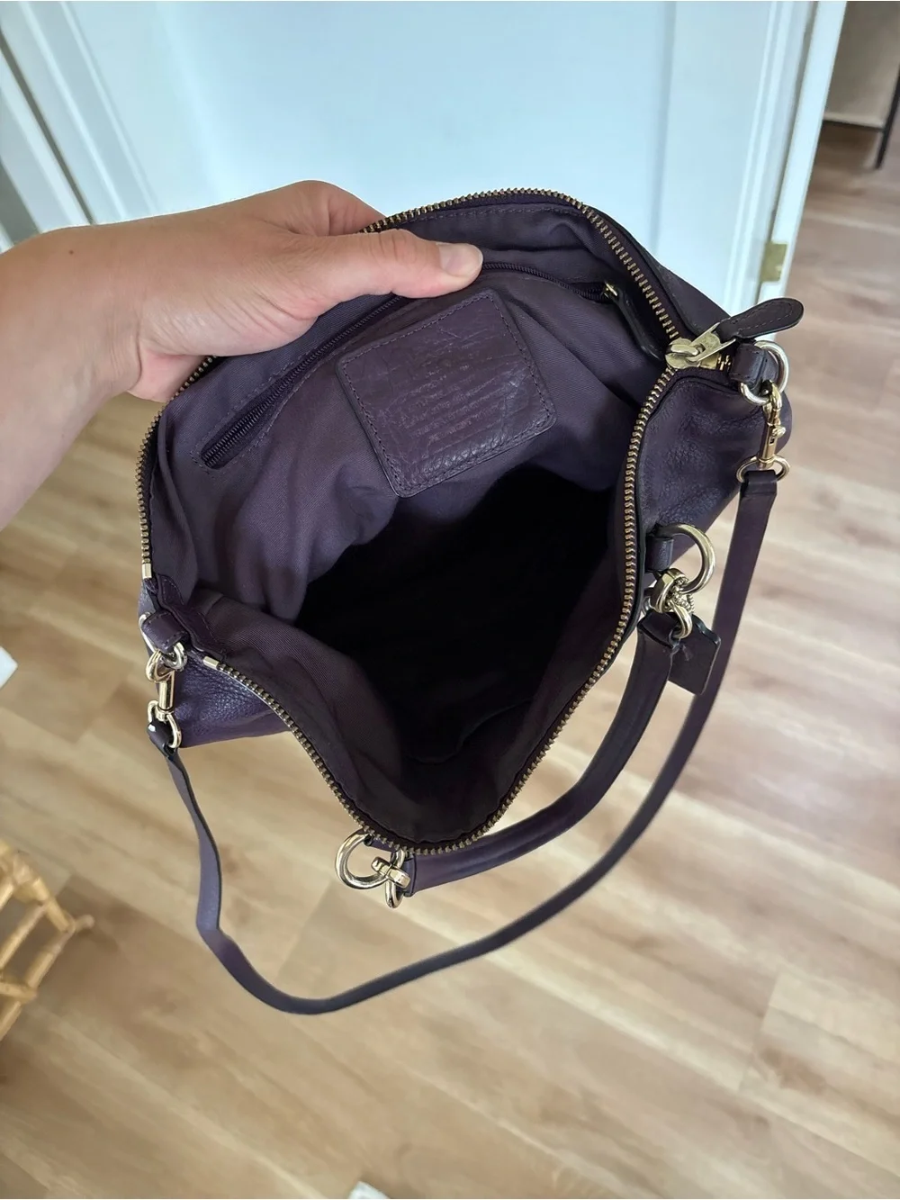 Coach Mini Satchel Kelsey Plum Leather Tote with Gold Chain Handles